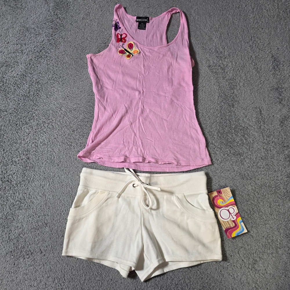 Wet Seal OP Womens XS Tank Shorts Set Pink White Butterfly Y2K Ribbed Lounge